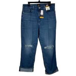 Lee SZ 16M Boyfriend Jeans Hi-Rise Cuffed Distressed Stretch Kelly Medium Wash